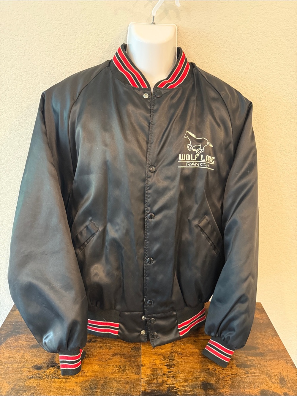 Vintage Black Satin Wolf Lake Ranch Bomber Jacket with Red Trim | Ranchwear | XL